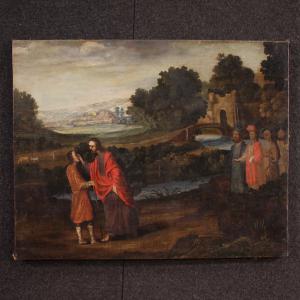 Antique Spanish painting The Healing of the Blind Man from the 17th century