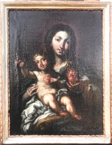 Dipinto olio su tela raffigurante Madonna con Gesu’Bambino.Scuola napoletana.