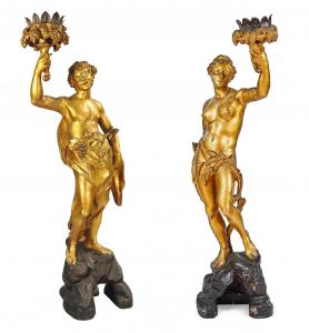 Paar aus geschnitztem und vergoldetem Holz, das Bacchus und Demeter darstellt, Genua, Anfang des 18. Jahrhunderts
