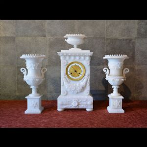 Antique 19th century alabaster fireplace clock triptych, France