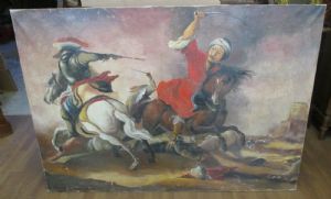 Grande quadro dipinto a olio su tela battaglia a cavallo - fine 800 - 140 x 99!