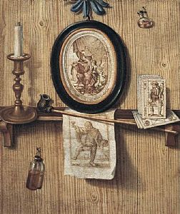 Shelf with tarot cards, pipe, candelabra, print, vase, vial, and oval print hanging