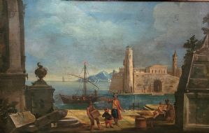 Contexte napolitain, cercle de Leonardo Coccorante (Naples, c. 1680 – 1750) “Caprice architectural avec port et figures”